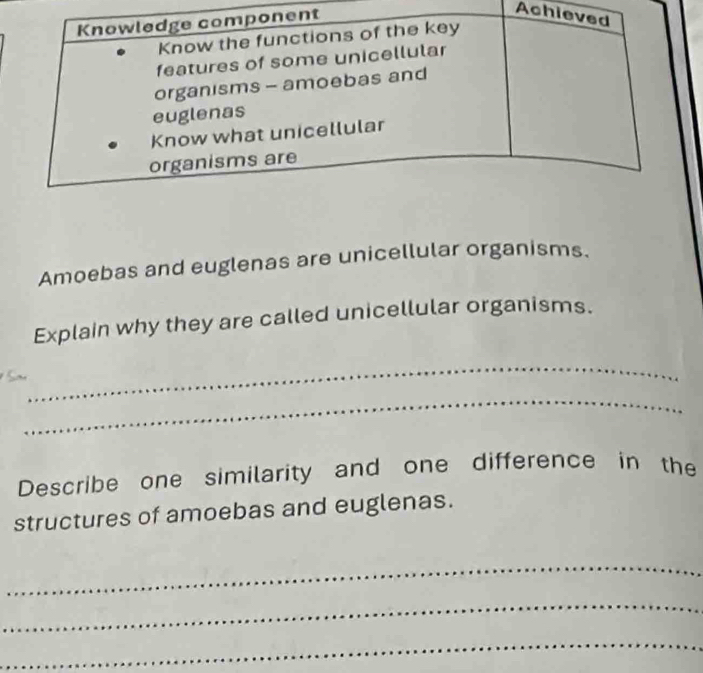 Ach 
Amoebas and euglenas are unicellular organisms. 
Explain why they are called unicellular organisms. 
_ 
_ 
Describe one similarity and one difference in the 
structures of amoebas and euglenas. 
_ 
_ 
_