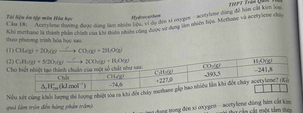 THPT Trần Quốc Toắn
Câu 18: Acetylene thường được dùng làm nhiên liệu, ví dụ đèn xỉ oxygen - acetylene dùng đề hàn cắt kim loại.
Tài liệu ôn tập môn Hóa học
Hydrocarbon
Khí methane là thành phần chính của khí thiên nhiên cũng được sử dụng làm nhiên liệu. Methane và acetylene cháy
theo phương trình hóa học sau:
(1) CH_4(g)+2O_2(g)xrightarrow f°CO_2(g)+2H_2O(g)
(2)
C
Nếu xét cùng khối lượng thì lượng nhiệt tỏa ra k
quả làm tròn đến hàng phần trăm).
hữ dụng trong đèn xỉ oxygen -- acetylene dùng hàn cắt kim
ti thợ cần cắt một tấm thên