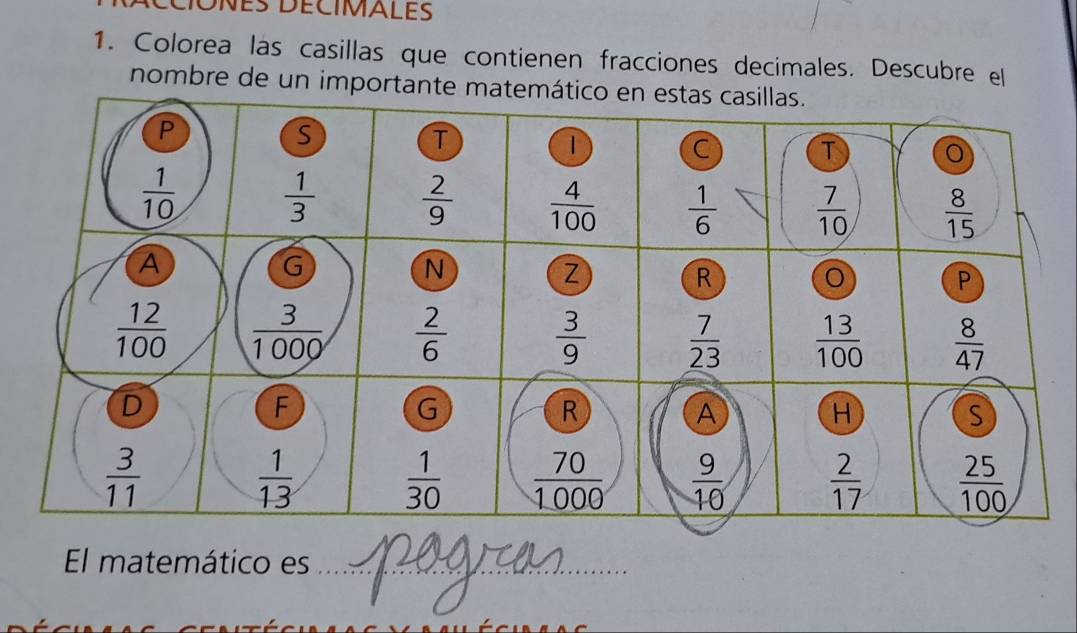 Colorea las casillas que contienen fracciones decimales. Descubre el
nombre de un importante matemátic
El matemático es_