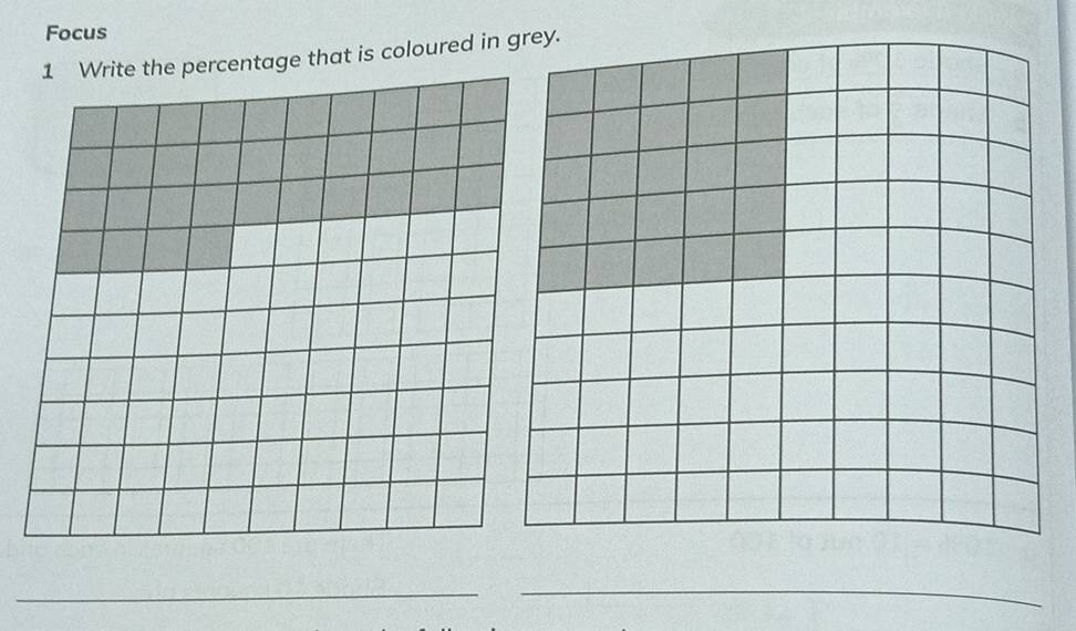 Focus 
1 Write the percentage that is coloured in grey. 
_ 
_