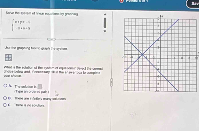 Sav
Solve the system of linear equations by graphing.
beginarrayl x+y=-5 -x+y=5endarray.
Use the graphing tool to graph the system.
10
What is the solution of the system of equations? Select the correct
choice below and, if necessary, fill in the answer box to complete
your choice. 
:
A. The solution is ∴ △ AD)-(∠ B)
(Type an ordered pair.)
B. There are infinitely many solutions.
C. There is no solution.