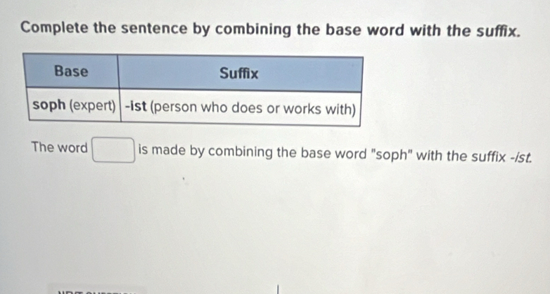 Complete the sentence by combining the base word with the suffix. 
The word □ is made by combining the base word "soph" with the suffix -ist.