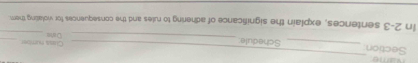 Name 
_ 
Section: _Schedule: _Class number_ 
_ 
_ 
Date 
In 2-3 sentences, explain the significance of adhering to rules and the consequences for violating them 
_