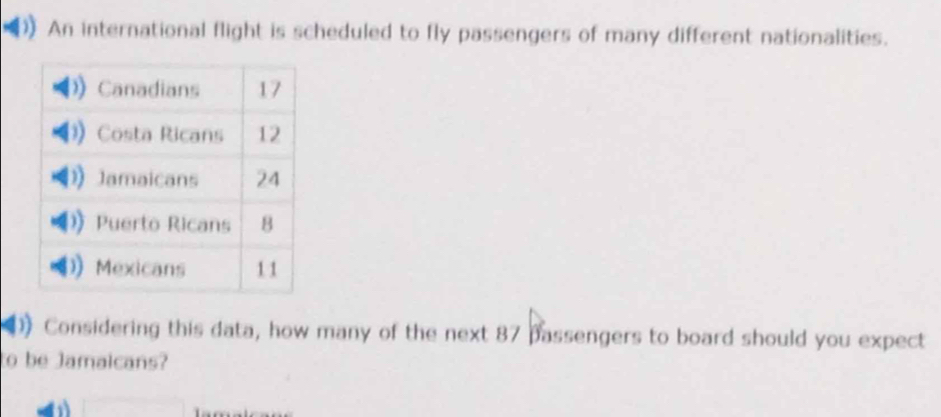 An international flight is scheduled to fly passengers of many different nationalities. 
Considering this data, how many of the next 87 passengers to board should you expect 
o be Jamaicans?