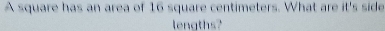 A square has an area of 16 square centimeters. What are it's side 
lengths?