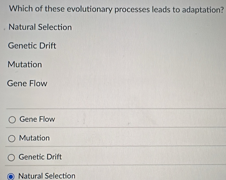 Which of these evolutionary processes leads to adaptation?
Natural Selection
Genetic Drift
Mutation
Gene Flow
Gene Flow
Mutation
Genetic Drift
Natural Selection