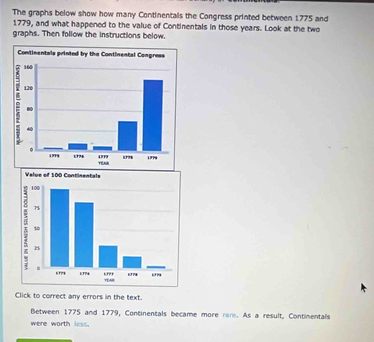 The graphs below show how many Continentals the Congress printed between 1775 and 
1779, and what happened to the value of Continentals in those years. Look at the two 
graphs. Then follow the instructions below. 
Click to correct any errors in the text. 
Between 1775 and 1779, Continentals became more rare. As a result, Continentals 
were worth less.