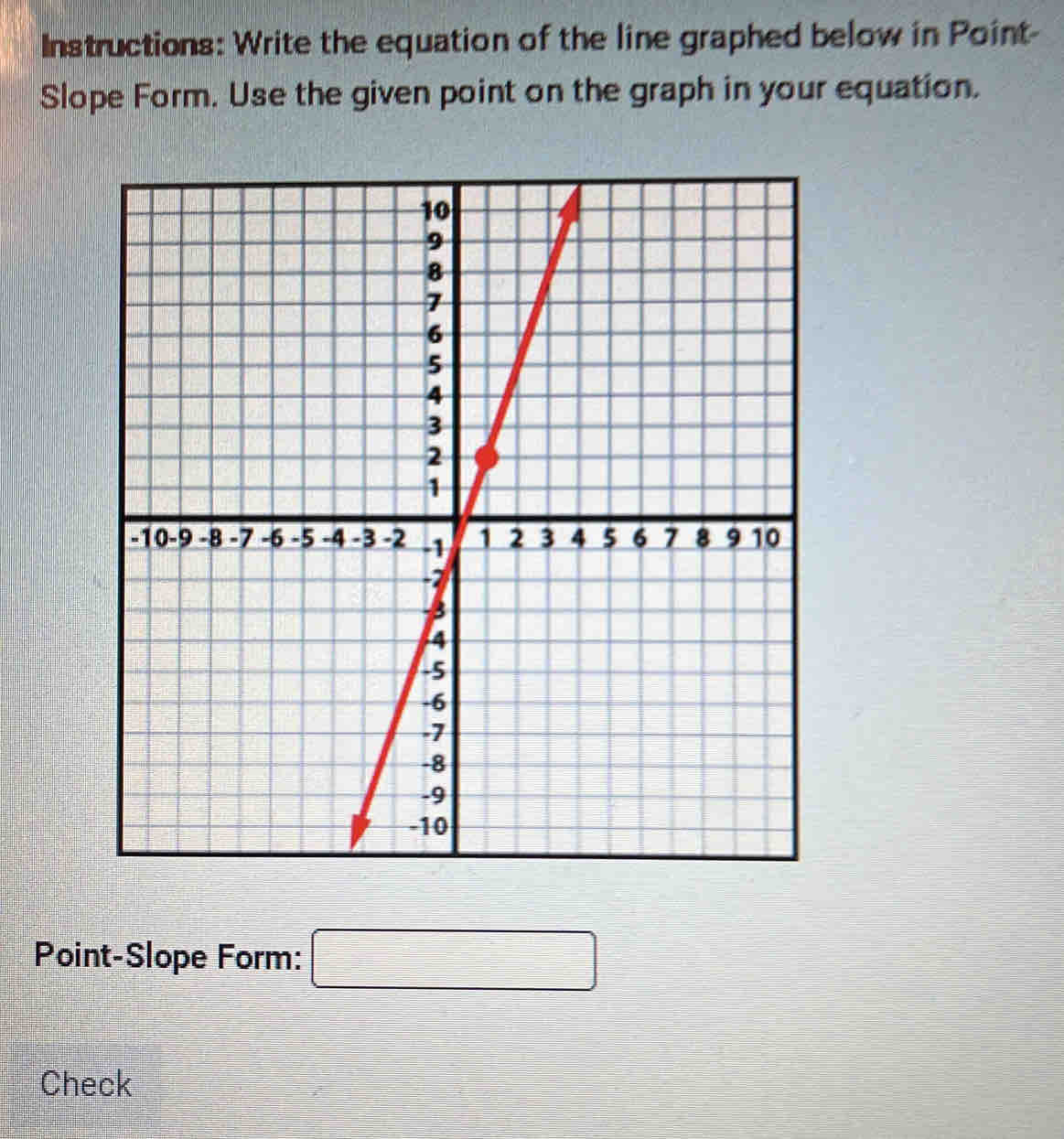 Instructions: Write the equation of the line graphed below in Point- 
Slope Form. Use the given point on the graph in your equation. 
Point-Slope Form: □ 
Check