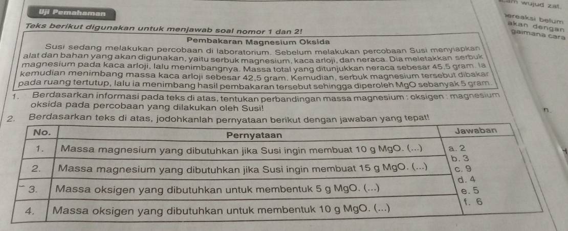 Lim wujud zat. 
Uji Pemahaman 
ereaksi belum akan dengan gaimana cara 
Teks berikut digunakan untuk menjawab soal nomor 1 dan 2! 
Pembakaran Magnesium Oksida 
Susi sedang melakukan percobaan di laboratorium. Sebelum melakukan percobaan Susi menyiapkan 
alat dan bahan yang akan digunakan, yaitu serbuk magnesium, kaca arloji, dan neraca. Dia meletakkan serbuk 
magnesium pada kaca arloji, lalu menimbangnya. Massa total yang ditunjukkan neraca sebesar 45.5 gram la 
kemudian menimbang massa kaca arloji sebesar 42.5 gram. Kemudian, serbuk magnesium tersebut dibaka 
pada ruang tertutup, lalu ia menimbang hasil pembakaran tersebut sehingga diperoleh MgO sebanyak 5 gram
1. Berdasarkan informasi pada teks di atas, tentukan perbandingan massa magnesium : oksigen : magnesium 
oksida pada percobaan yang dilakukan oleh Susi! 
n. 
Berdasarkan t