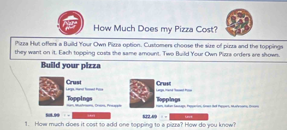 Tper How Much Does my Pizza Cost? 
Pizza Hut offers a Build Your Own Pizza option. Customers choose the size of pizza and the toppings 
they want on it. Each topping costs the same amount. Two Build Your Own Pizza orders are shown. 
Build your pizza 
Crust Crust 
Large, Hand Tassed Puzza Large, Hand Tossed Pizza 
Toppings Toppings 
Ham, Mushrooms, Oniors, Pineapple Ham, Italian Sausage, Pepperoni, Green Bell Peppers, Mushrooms, Onions
$18.99 SAVI $22.49 Savy 
1. How much does it cost to add one topping to a pizza? How do you know?