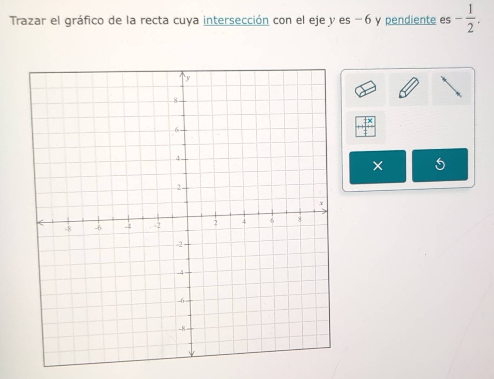 Trazar el gráfico de la recta cuya intersección con el eje y es −6 y pendiente es - 1/2 . 
×