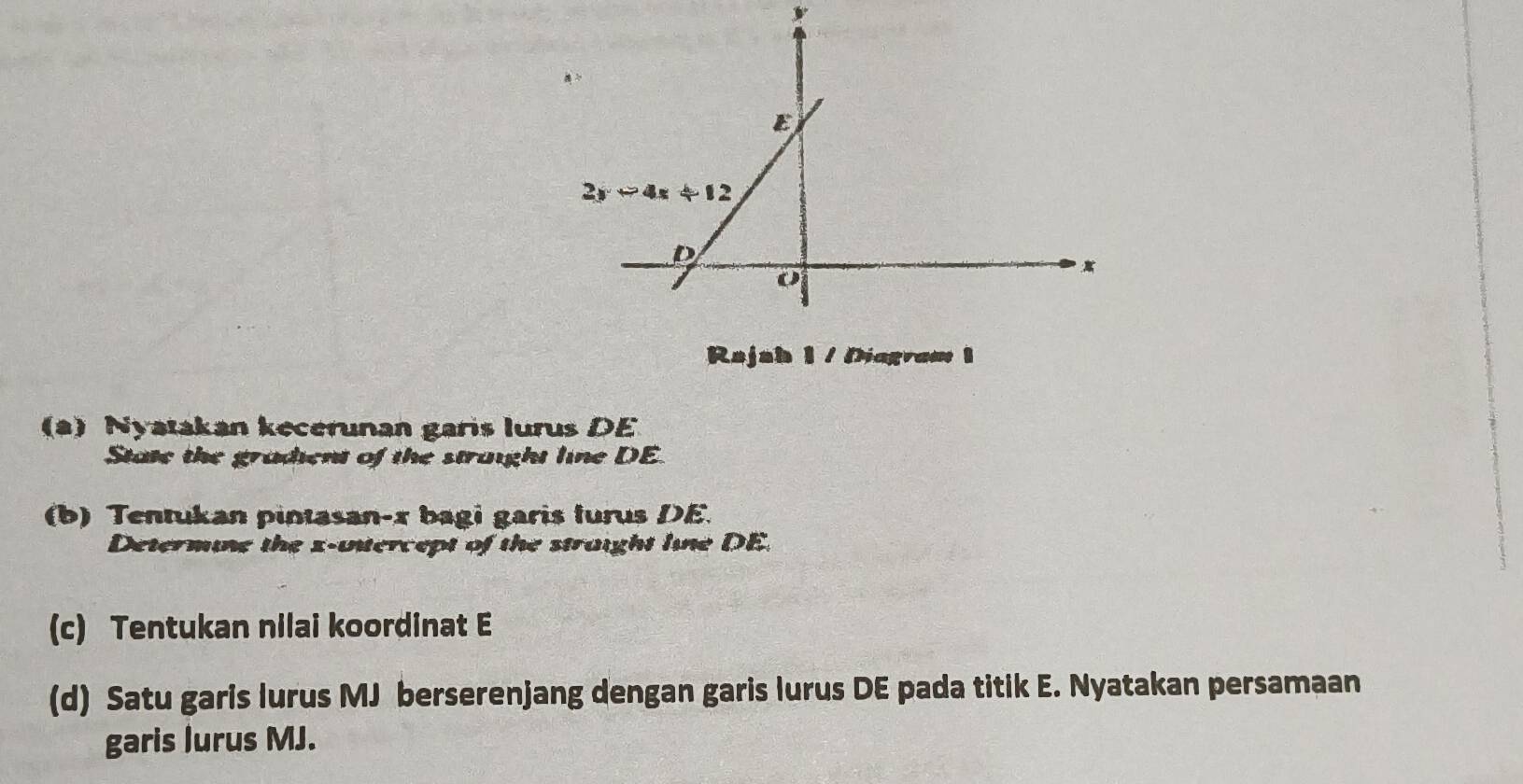 Rajsh 1 / Diagram 1
(a) Nyatakan kecerunan garis lurus DE
State the gradient of the straight line DE.
(b) Tentukan pintasan-x bagi garis furus DE.
Determine the x-intercept of the straight line DE.
(c) Tentukan nilai koordinat E
(d) Satu garis lurus MJ berserenjang dengan garis lurus DE pada titik E. Nyatakan persamaan
garis lurus MJ.