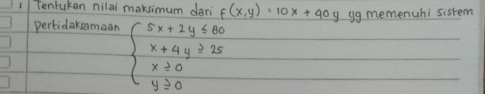 Tenrukan nilai maksimum dari f(x,y)=10x+40y yg memenuhi sistem
perkidakeamaan
beginarrayl 5x+2y≤ 80 x+4y≥slant 25 x≥slant 0 y≥slant 0endarray.