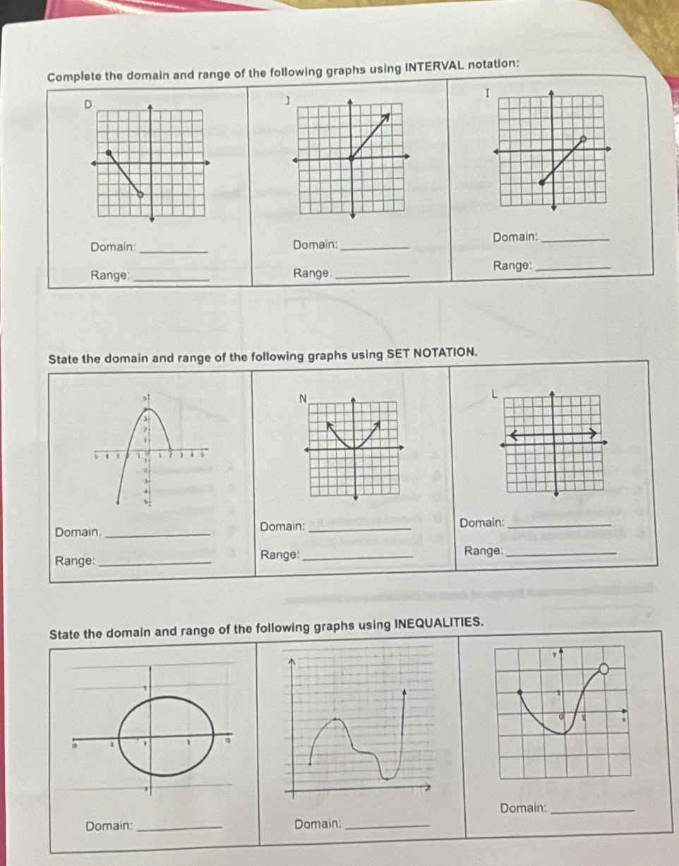 Complete the domain and range of the following graphs using INTERVAL notation: 
I 
Domain:_ Domain: Domain:_ 
Range _Range _Range:_ 
State the domain and range of the following graphs using SET NOTATION. 
。 
N 
3 
2 
. 1 1 ) 4 5 
Domain _Domain:_ Domain:_ 
Range:_ Range:_ 
Range_ 
State the domain and range of the following graphs using INEQUALITIES. 
Domain:_ 
Domain:_