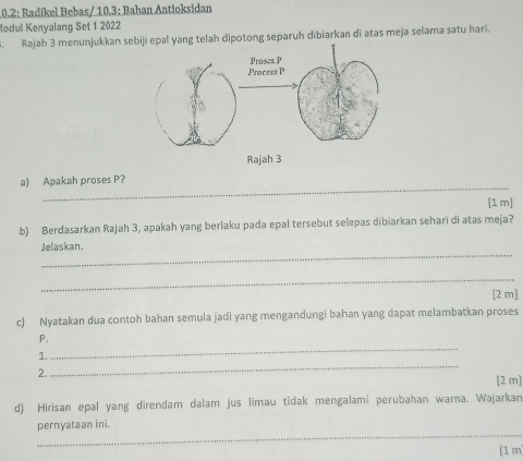 0.2: Radikel Bebas/ 10,3: Bahan Antioksidan 
todul Kenyalang Set 1 2022 
. Rajah 3 menunjukkan sg telah dipotong separuh dibiarkan di atas meja selama satu hari. 
Rajah 3 
_ 
a) Apakah proses P? 
[1 m] 
b) Berdasarkan Rajah 3, apakah yang berlaku pada epal tersebut selepas dibiarkan sehari di atas meja? 
_ 
Jelaskan. 
_ 
[2 m] 
c) Nyatakan dua contoh bahan semula jadi yang mengandungi bahan yang dapat melambatkan proses 
_ 
P. 
_ 
1. 
2. 
[2 m] 
d) Hirisan epal yang direndam dalam jus limau tidak mengalami perubahan warna. Wajarkan 
_ 
pernyataan ini. 
[1 m]