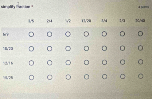 simplify fraction * 4 points
6
1
1
1
