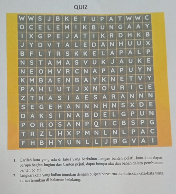 Carilah kata yang ada di tabel yang berkaitan dengan banten pejati, kata-kata dapat 
berupa bagian-bagian dari banten pejati, dapat berupa alat dan bahan dalam pembuatan 
banten pejati. 
2. Lingkari kata yang kalian temukan dengan pulpen berwarna dan tuliskan kata-kata yang 
kalian temukan di halaman belakang.