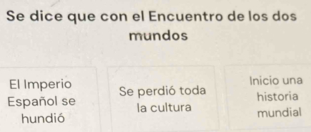 Se dice que con el Encuentro de los dos 
mundos 
El Imperio Inicio una 
Español se Se perdió toda 
historia 
la cultura 
hundió mundial