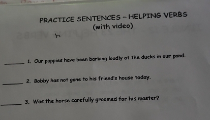 PRACTICE SENTENCES - HELPING VERBS 
(with video) 
_1. Our puppies have been barking loudly at the ducks in our pond. 
_ 
2. Bobby has not gone to his friend's house today. 
_ 
3. Was the horse carefully groomed for his master?