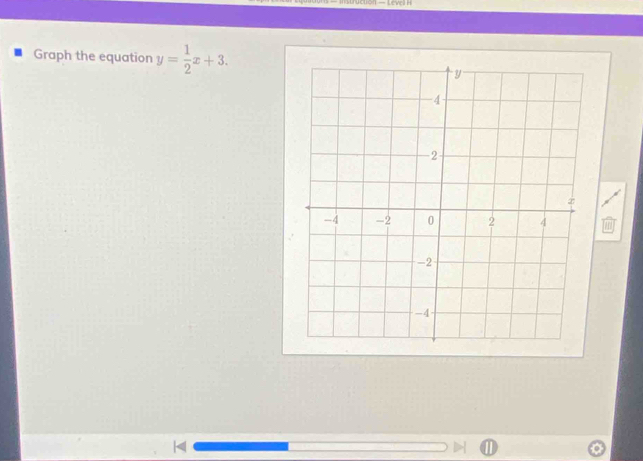 struction — Level H 
Graph the equation y= 1/2 x+3.