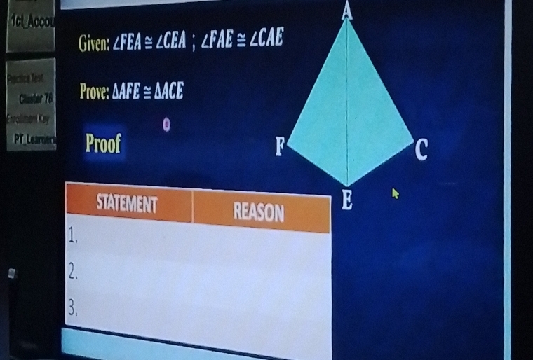 1cLAccou 
Given: 25 A≌ 1 CEA ;;∠ FAE≌ ∠ CAE
Practice Test Prove: MN≌ MN
Claster 78 
Enrolment Key 
0 
PT Learners Proof 
STATEMENT REASON 
1. 
. 2. 
3.