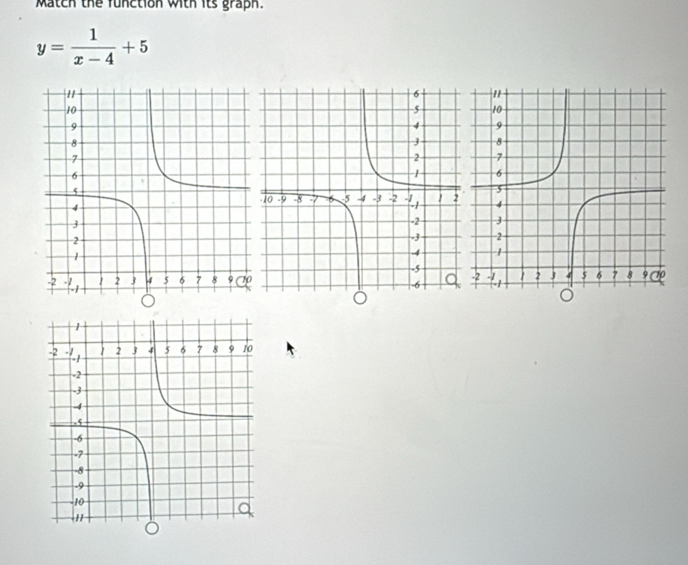 Match the function with its graph.
y= 1/x-4 +5