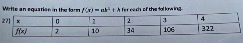 Write an equation in the form f(x)=ab^x+k for each of the following.