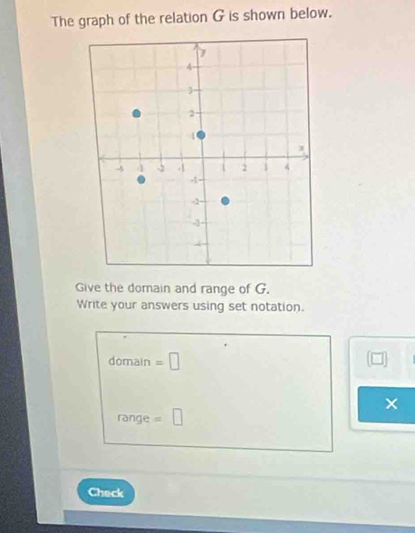 The graph of the relation G is shown below. 
Give the domain and range of G. 
Write your answers using set notation. 
domain =□
× 
range =□
Check