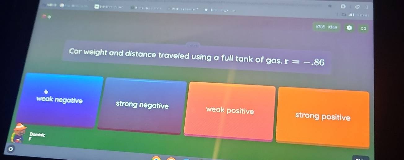 9703 9369 【 ]
Car weight and distance traveled using a full tank of gas. r=-.86
weak negative strong negative weak positive strong positive
Dominic