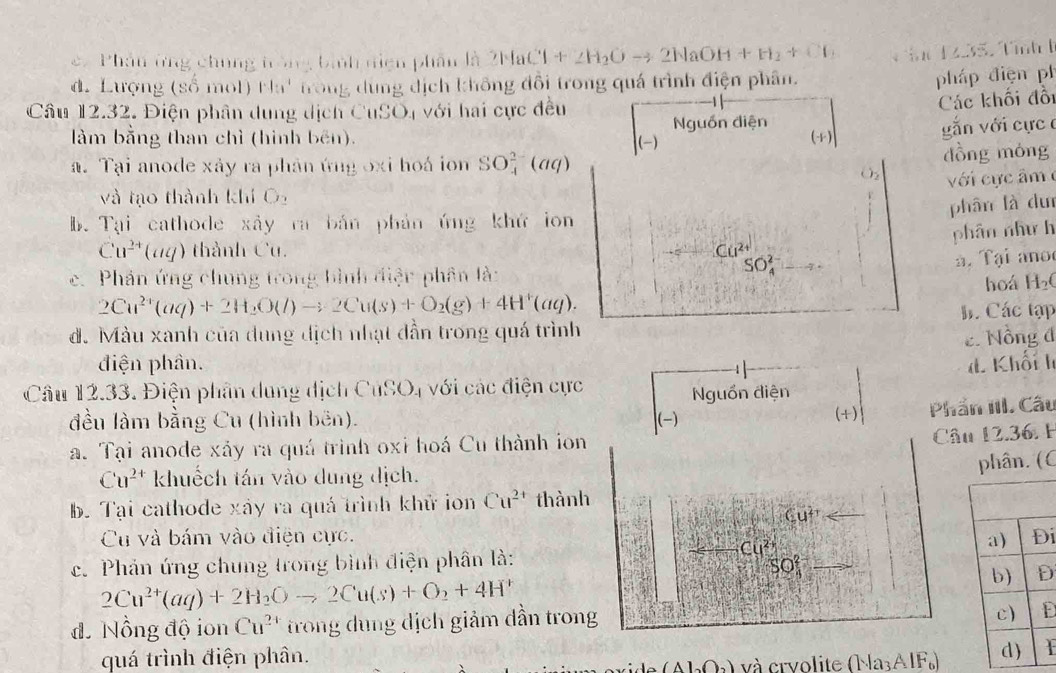 Phân ông chung trồng bành niện phân là 2NaCl+2H_2Oto 2NaOH+H_2+Cl Tin 1235, Tình h
d. Lượng (số mol) Ha' trong dùng địch không đổi trong quá trình điện phân.
pháp điện ph
Câu 12.32. Điện phân dung dịch CuSO, với hai cực đều
Các khối đồi
Nguồn điện
làm bằng than chì (hình bên). (-) (+)
gắn với cực 
a. Tại anode xây ra phản ứng oxi hoá ion SO_4^((2-)(aq)
dồng móng
O  với ự c  â m 
và tạo thành khí O_2)
phân là duì
b. Tại cathode xây ra bản phản ứng khứ ion
phân như h
Cu^(2+)(aq) thành Cu. Cu^(2+)
à. Tại ano
. Phản ứng chung trong bình điện phân là:
SO_4^((2-)
hoá H_2)C
2Cu^(2+)(aq)+2H_2O(l)to 2Cu(s)+O_2(g)+4H^+(aq).
d. Màu xanh của dung địch nhạt dẫn trong quá trình C. Các tạp
2. Nồng đ
điện phân.
Câu 12.33. Điện phân dung dịch CuSO, với các điện cực d. Khối l
Nguồn điện
đều làm bằng Cu (hình bên). (-) (+) Phần III. Câu
a. Tại anode xảy ra quá trình oxi hoá Cu thành ion
Câu 12.36, F
Cu^(2+) khuếch tán vào dung dịch.
C
b. Tại cathode xây ra quá trình khử ion Cu^(2+) thành
overleftrightarrow (GU)^(2+) _
Cu và bám vào điện cực. i
c. Phản ứng chung trong bình điện phân là:
_Cu
_ SO_4^((2-)
D
2Cu^2+)(aq)+2H_2Oto 2Cu(s)+O_2+4H^+
đ Nồng độ ion Cu^2 trong dung dịch giảm dẫn trong
E
quá trình điện phân. (1· la_3AlF_6)
(△ 1_2O_3) và crvolite