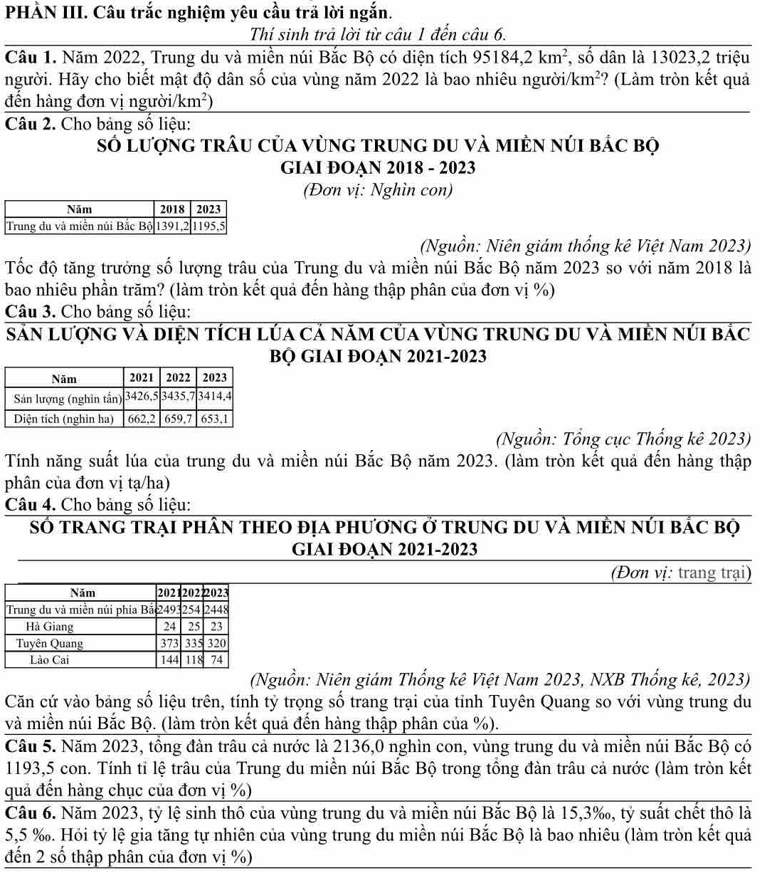 PHẢN III. Câu trắc nghiệm yêu cầu trả lời ngắn.
Thí sinh trả lời từ câu 1 đến câu 6.
Câu 1. Năm 2022, Trung du và miền núi Bắc Bộ có diện tích 95184,2km^2 , số dân là 13023,2 triệu
người. Hãy cho biết mật độ dân số của vùng năm 2022 là bao nhiêu người/ km^2 ? (Làm tròn kết quả
đền hàng đơn vị người/ km^2)
Câu 2. Cho bảng số liệu:
số lượng trÂu của vùng trung du và miÊn núi bảc bộ
GIAI ĐOAN 2018 - 2023
(Đơn vị: Nghìn con)
(Nguồn: Niên giám thống kê Việt Nam 2023)
Tốc độ tăng trưởng số lượng trâu của Trung du và miền núi Bắc Bộ năm 2023 so với năm 2018 là
bao nhiêu phần trăm? (làm tròn kết quả đến hàng thập phân của đơn vị %)
Câu 3. Cho bảng số liệu:
sản lượng và diện tích lúa cả năm của vùng trung du và miền núi bắc
b GIAI đOẠn 2021-2023
(Nguồn: Tổng cục Thống kê 2023)
Tính năng suất lúa của trung du và miền núi Bắc Bộ năm 2023. (làm tròn kết quả đến hàng thập
phân của đơn vị tạ/ha)
Câu 4. Cho bảng số liệu:
Số tranG trại phÂn tHEO địa phươnG ở trung du và miền núI bắc bộ
GIAI ĐOẠN 2021-2023
(Đơn vị: trang trại)
(Nguồn: Niên giám Thống kê Việt Nam 2023, NXB Thống kê, 2023)
Căn cứ vào bảng số liệu trên, tính tỷ trọng số trang trại của tỉnh Tuyên Quang so với vùng trung du
và miền núi Bắc Bộ. (làm tròn kết quả đến hàng thập phân của %).
Câu 5. Năm 2023, tổng đàn trâu cả nước là 2136,0 nghìn con, vùng trung du và miền núi Bắc Bộ có
1193,5 con. Tính tỉ lệ trâu của Trung du miền núi Bắc Bộ trong tổng đàn trâu cả nước (làm tròn kết
quả đến hàng chục của đơn vị %)
Câu 6. Năm 2023, tỷ lệ sinh thô của vùng trung du và miền núi Bắc Bộ là 15,3‰, tỷ suất chết thô là
5,5 %. Hỏi tỷ lệ gia tăng tự nhiên của vùng trung du miền núi Bắc Bộ là bao nhiêu (làm tròn kết quả
đến 2 số thập phân của đơn vị %)