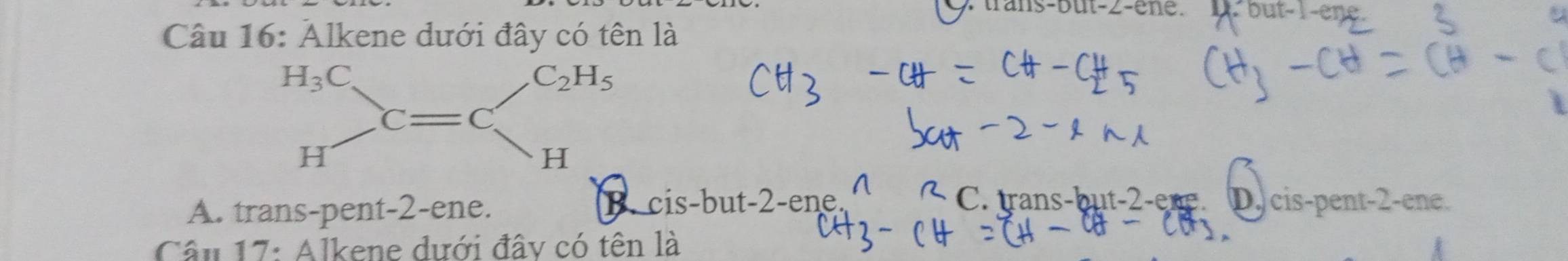 a ns-bu t 2 e n e  
Câu 16: Alkene dưới đây có tên là
B. C. trans-but-2-ene.
A. trans-pent-2-ene. cis-but-2-ene D) cis-pent-2-ene.
Câu 17: Alkene dưới đây có tên là