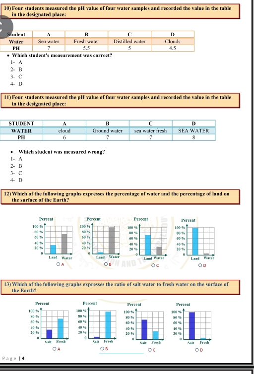 Four students measured the pH value of four water samples and recorded the value in the table
in the designated place:
Which student's measurement was correct?
1 - A
2 - B
3- C
4- D
11) Four students measured the pH value of four water samples and recorded the value in the table
in the designated place:
Which student was measured wrong?
1- A
2 - B
3- C
4- D
12) Which of the following graphs expresses the percentage of water and the percentage of land on
the surface of the Earth?

13) Which of the following graphs expresses the ratio of salt water to fresh water on the surface of
the Earth?

A ○B O c
Page | 4