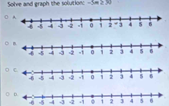 Solve and graph the solution: -5m≥ 30
-6 -5