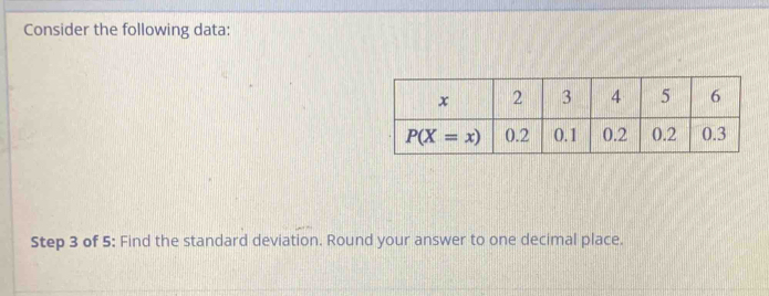 Consider the following data:
Step 3 of 5: Find the standard deviation. Round your answer to one decimal place.