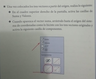 Una vez colocados los tres vectores a partir del origen, realiza lo siguiente: 
En el cuadro superior derecho de la pantalla, activa las casillas de 
Suma y Valores. 
Cuando aparezca el vector suma, arrástralo hasta el origen del siste- 
ma de coordenadas como lo hiciste con los tres vectores originales y 
activa la siguiente casilla de componentes. 
Suma 
Vélares 
Camporenies