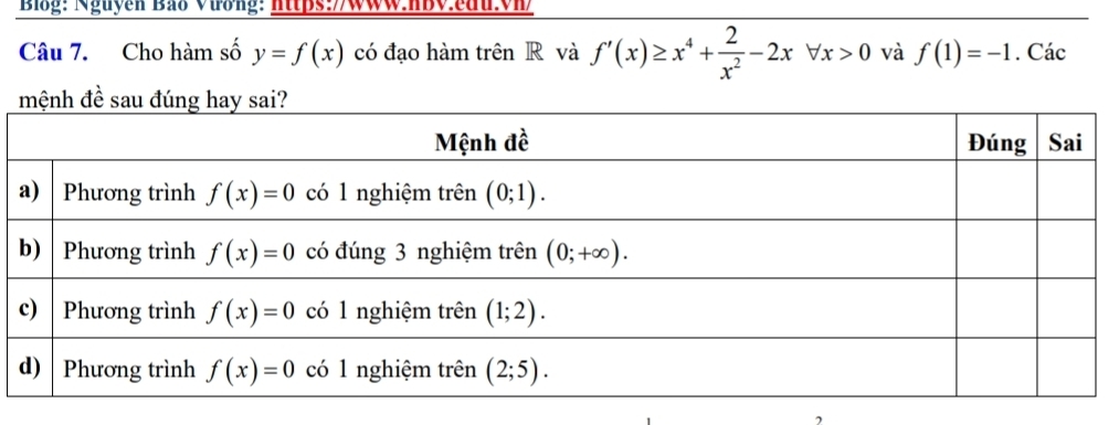 Biog: Nguyen Bao Vưong: https:www:nBV.eut:vn
Câu 7. Cho hàm số y=f(x) có đạo hàm trên R và f'(x)≥ x^4+ 2/x^2 -2xforall x>0 và f(1)=-1. Các