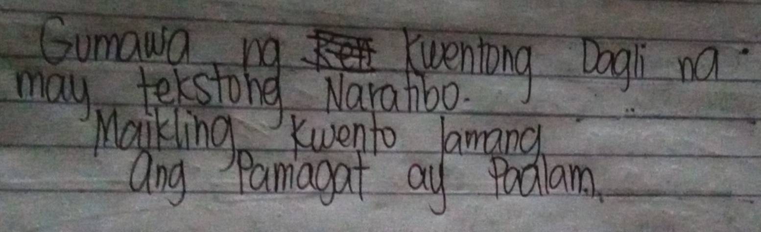 Gumanang twentong bogi na 
may telstone, Narahbo 
Markling Kwento lamand 
ang Pamagat ay Podlam