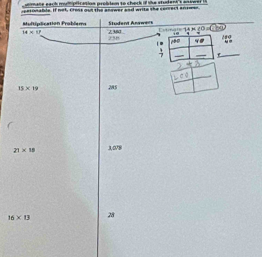 stimate each multiplication problem to check if the student's answer is 
reasonable. If not, cross out the answer and write the correct answer, 
Multiplication Problems Student Answers
14* 17 2, 380 Estimate 14* 20=boxed 230
238
198.
15* 19 285
21* 18
3,078
16* 13
28