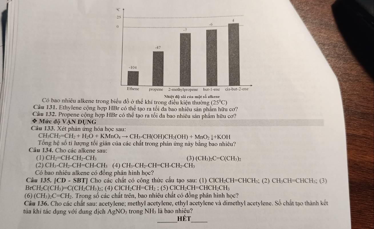 Có bao nhiêu alkene trong biểu đồ ở thể khí trong điều kiện thường (25°C)
Câu 131. Ethylene cộng hợp HBr có thể tạo ra tối đa bao nhiêu sản phẩm hữu cơ?
Câu 132. Propene cộng hợp HBr có thể tạo ra tối đa bao nhiêu sản phẩm hữu cơ?
Mức độ VậN DỤNG
Câu 133. Xét phản ứng hóa học sau:
CH_3CH_2=CH_2+H_2O+KMnO_4to CH_3-CH(OH)CH_2(OH)+MnO_2downarrow +KOH
Tổng hệ số ti lượng tối giản của các chất trong phản ứng này bằng bao nhiêu?
Câu 134. Cho các alkene sau:
(1) CH_2=CH-CH_2-CH_3 (3) (CH_3)_2C=C(CH_3)_2
(2) CH_3-CH_2-CH=CH-CH_3 (4) CH_3-CH_2-CH=CH-CH_2-CH_3
Có bao nhiêu alkene có đồng phân hình học?
Câu 135. [CD - SBT] Cho các chất có công thức cấu tạo sau: (1) ClCH_2CH=CHCH_3; (2) CH_3CH=CHCH_3; (3)
BrCH_2C(CH_3)=C(CH_2CH_3)_2; (4) ClCH_2CH=CH_2; (5) ClCH_2CH=CHCH_2CH_3
(6) (CH_3)_2C=CH_2 2. Trong số các chất trên, bao nhiêu chất có đồng phân hình học?
Câu 136. Cho các chất sau: acetylene; methyl acetylene, ethyl acetylene và dimethyl acetylene. Số chất tạo thành kết
tủa khi tác dụng với dung dịch AgNO_3 trong NH_3 là bao nhiêu?
_
Hết_