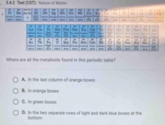 Test (CST): Nature of Matter
Where are all the metalloids found in this periodic table?
A. In the last column of orange boxes
B. In orange boxes
C. In green boxes
D. In the two separate rows of light and dark blue boxes at the
bottom