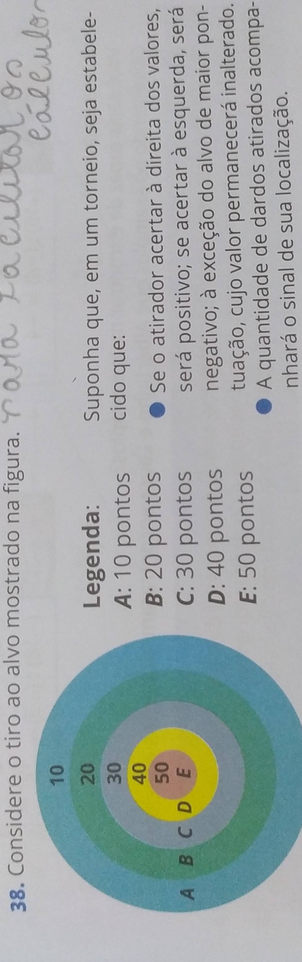 Considere o tiro ao alvo mostrado na figura.
Legenda: Suponha que, em um torneio, seja estabele-
A: 10 pontos cido que:
B: 20 pontos Se o atirador acertar à direita dos valores,
C: 30 pontos será positivo; se acertar à esquerda, será
D: 40 pontos negativo; à exceção do alvo de maior pon-
E: 50 pontos tuação, cujo valor permanecerá inalterado.
A quantidade de dardos atirados acompa-
nhará o sinal de sua localização.