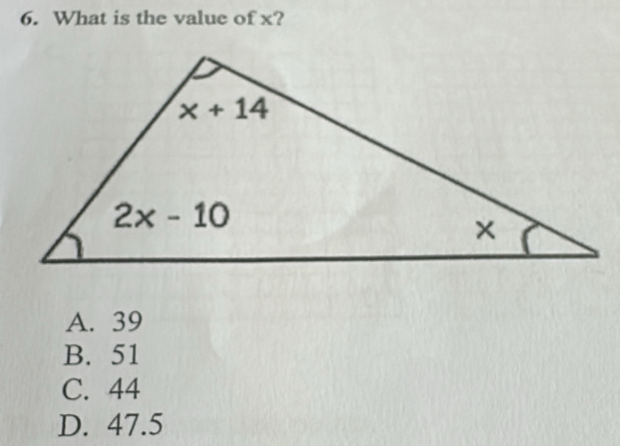 Solved: What is the value of x? A. 39 B. 51 C. 44 D. 47.5 [Math]