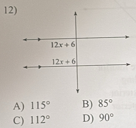 A) 115° B) 85°
C) 112° D) 90°