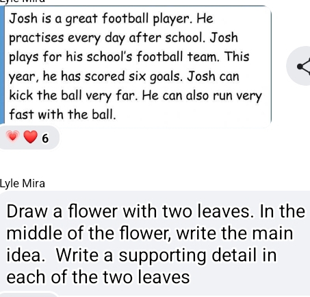 Josh is a great football player. He 
practises every day after school. Josh 
plays for his school's football team. This
year, he has scored six goals. Josh can 
kick the ball very far. He can also run very 
fast with the ball. 
6 
Lyle Mira 
Draw a flower with two leaves. In the 
middle of the flower, write the main 
idea. Write a supporting detail in 
each of the two leaves