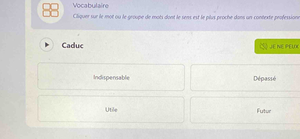 Vocabulaire
Cliquer sur le mot ou le groupe de mots dont le sens est le plus proche dans un contexte profession
Caduc JE NE PEUX
Indispensable Dépassé
Utile Futur