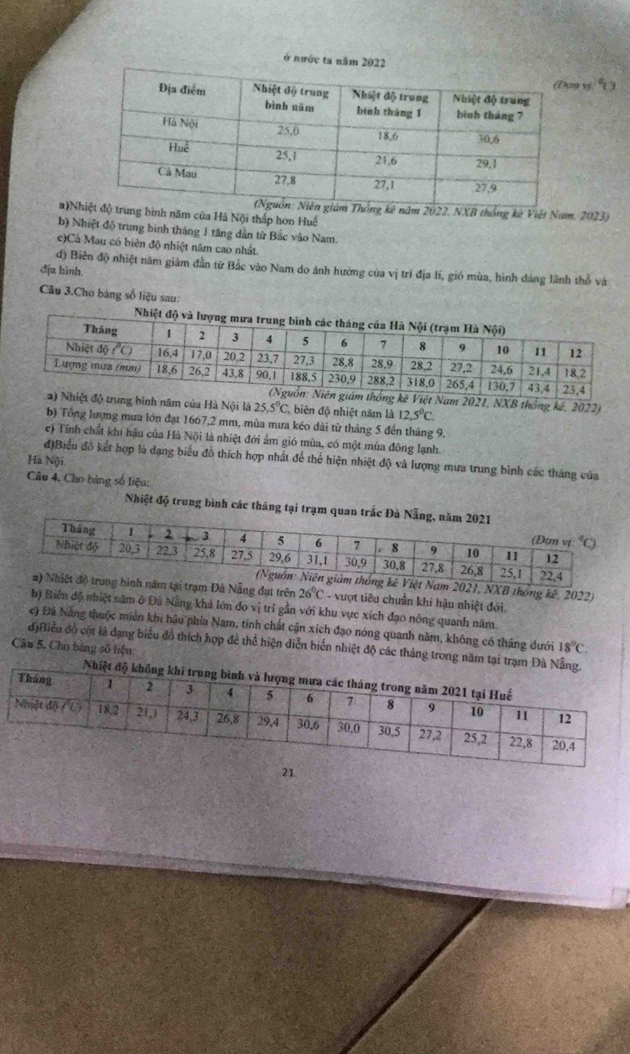 ở nước ta n
g vị (
m 2022, NXB thống kê Việt Nam. 2023)
a)Nhng bình năm của Hà Nội thấp hơn Huế
b) Nhiệt độ trung bình tháng 1 tăng dân từ Bắc vào Nam.
c)Cả Mau có biên độ nhiệt năm cao nhất.
d) Biên độ nhiệt năm giảm đẫn từ Bắc vào Nam do ảnh hường của vị trí địa lí, gió mùa, hình dáng lãnh thổ và
địa hình.
Câu 3.Cho báng số liệu sau:
Nam 2021, NXB thống kế, 2022)
rung bình năm của Hà Nội là 25.5°C biên độ nhiệt năm là 12,5^0C.
b) Tổng lượng mưa lớn đạt 1667,2 mm, mùa mưa kéo dài từ tháng 5 đến tháng 9.
c) Tính chất khí hậu của Hà Nội là nhiệt đới ẩm gió mùa, có một mùa đông lạnh.
d)Biểu đồ kết hợp là dạng biểu đồ thích hợp nhất để thể hiện nhiệt độ và lượng mưa trung bình các tháng của
Hà Nội
Câu 4. Cho bảng số liệu:
Nhiệt độ trung bình các tháng tại trạm quan tr
am 2021, NXB thông kê, 2022)
tại trạm Đả Nẵng đạt trên 26°C - vượt tiêu chuẩn khí hậu nhiệt đới.
b) Biên độ nhiệt năm ở Đà Nẵng khả lớn do vị trí gần với khu vực xích đạo nông quanh năm.
c) Đã Nẵng thuộc miền khi hậu phía Nam, tỉnh chất cận xích đạo nóng quanh năm, không có tháng dưới 18°C.
đ)Biểu đồ cột là dạng biểu đồ thích hợp đề thể hiện diễn biển nhiệt độ các tháng trong năm tại
Câu 5. Cho bảng số liệu:
21