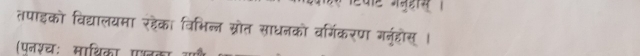 तपाइको विद्यालयमा रहेका विभिन्न ग्रोत साधनको वर्गमिकरण गर्नुहोस् । 
(पनश्च: माश्चिका पशर