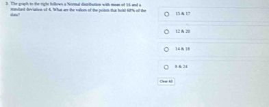 The graph to the right follows a Normal distribution with mean of 16 and a
standant deviation of 4. What are the values of the points that hold 68% of the
dt? 15 & 17
12 & 20
14 & 18
§ & 24
Clear All