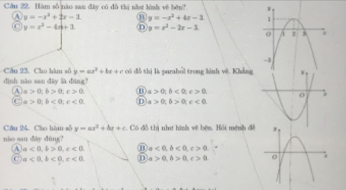 Cầu 22. Hàm số nào san đây có dồ thị như hình về bēn?
④ y=-x^2+2x-3. B y=-x^2+4x-3.
C y=x^2-4x+3. D y=x^2-2x-3. 
Cầu 23. Cho hàm số y=ax^2+bx+c có dồ thị là parabol trong lình vê. Khẳng
dình nào san dây là đūng?
A a>0; b>0; c>0. a>0; b<0</tex>; c>0.
C a>0; b<0</tex>; c<0</tex> D a>0; b>0, c<0</tex>. 
Cầu 24. Cào hàm số y=ax^2+bx+c. Có đồ thị như hành vẽ bēn. Hỏi mệnh đề
nào san dày dúng?
④ a<0</tex>, b>0, c<0</tex>. D a<0</tex>, b<0</tex>, c>0.
a<0</tex>, b<0</tex>, c<0</tex>. D a>0, b>0, c>0.